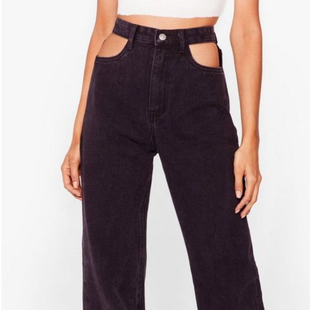 Cut Out Pocket Split Hem Straight Leg Jeans